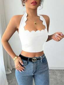 Gloray Top corto con cuello de halter, lazo y volantes en el bajo, de color negro, para mujer, para salir de vacaciones - Blanco - Ver 7