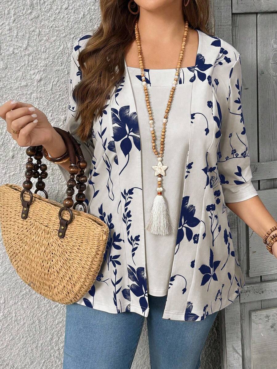 EMERY ROSE Sommer Damen Blumenblatt bedruckt Patchwork 2 in 1 T-Shirt Grafik Tees Damen Tops - Weiss - Übersicht 1