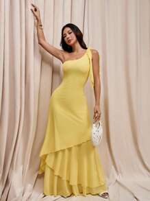 SHEIN PETITE Váy oversize thắt nơ trễ vai, váy lá sen vàng ba lớp, kỳ nghỉ lãng mạn, phù hợp cho mùa hè - Màu vàng - Xem 5