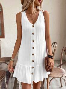 EMERY ROSE Vestido casual de mujer con decoración de volantes sin mangas para verano con botones delanteros