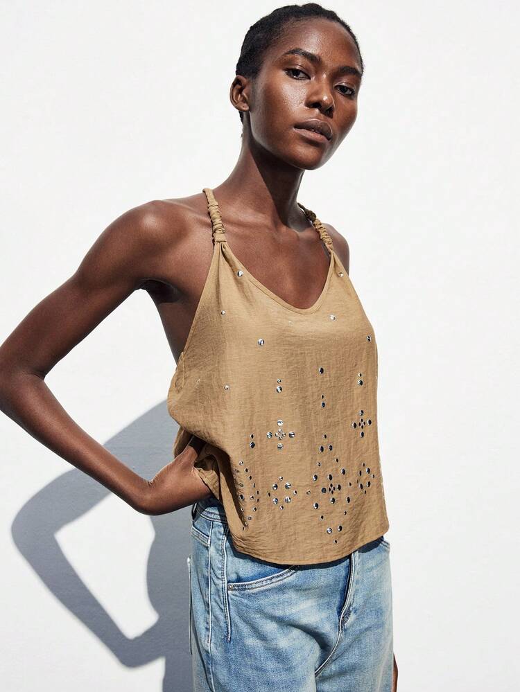 SHEIN Maija Women's Brown Sequin Silver Decor Shoulder Strap Knitted Basic Camisole Off Shoulder Top, Autumn/Winter