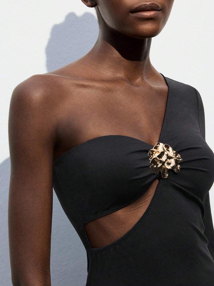 SHEIN Maija Women's Solid Color Asymmetric Neckline Hollow Out Ruffle Long Sleeve Dress Wedding Guest Dress Women Birthday Dresses For Women Elegant Dresses For Women