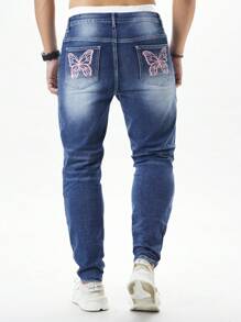 Manfinity Homme Men's Denim Jeans With Printed Pocket Decor, Slim Fit, All Season - Blue - View 1