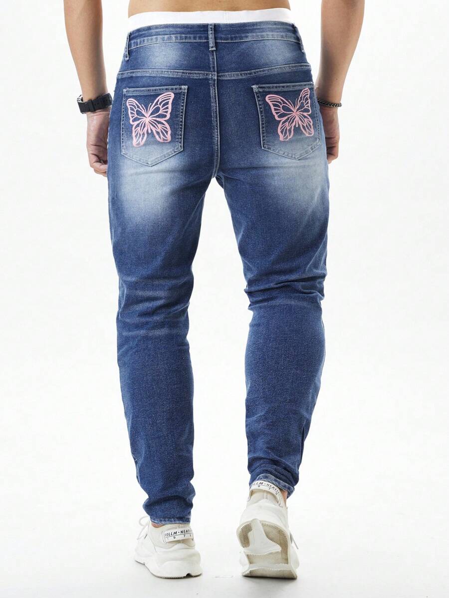 Manfinity Homme Men's Denim Jeans With Printed Pocket Decor, Slim Fit, All Season - Blue - View 1