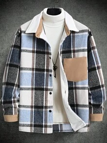 Manfinity Homme 宽松格纹灯芯绒贴袋落肩男士长袖大衣，适合冬季和秋季穿着。