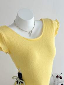 SHEIN Unity Women's Vacation Casual Solid Color Hollow-Out Lace-Up Fitted Mini Knitted Dress - Yellow - View 5