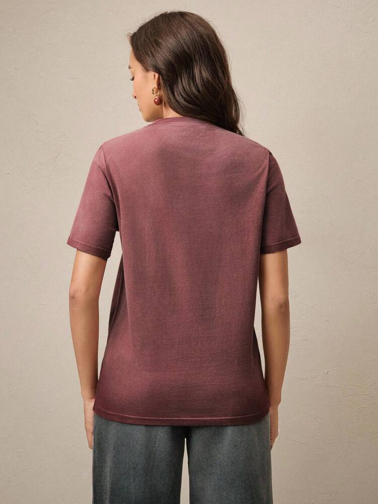 Retro American Washed Cherry Studded Embroidered Knit Round Neck Women T-Shirt, Casual Summer Women's Graphic Tee Cherry Shirts Cotton Graphic Tees Women Tshirts For Women