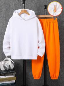 Tween Boy Casual Loose Letter Graphic Hoodie & Elastic Waist Pants Set,White Autumn Streetwear School Back-To-School 2pc Teen Boys Sweatsuit Joggers - Orange - View 3