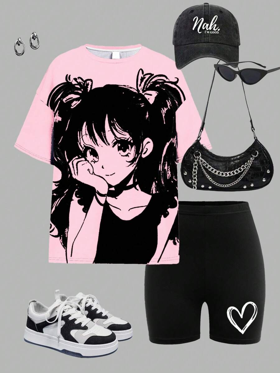 2 Pieces Set: Casual Loose Short Sleeve T-Shirt And Leggings Set For Teen Girls, Suitable For Summer Anime Girl Outfit Anime Clothes Kawaii Clothes E Girl Clothes Shoujo Girl Aesthetic - Multicolor - View 1
