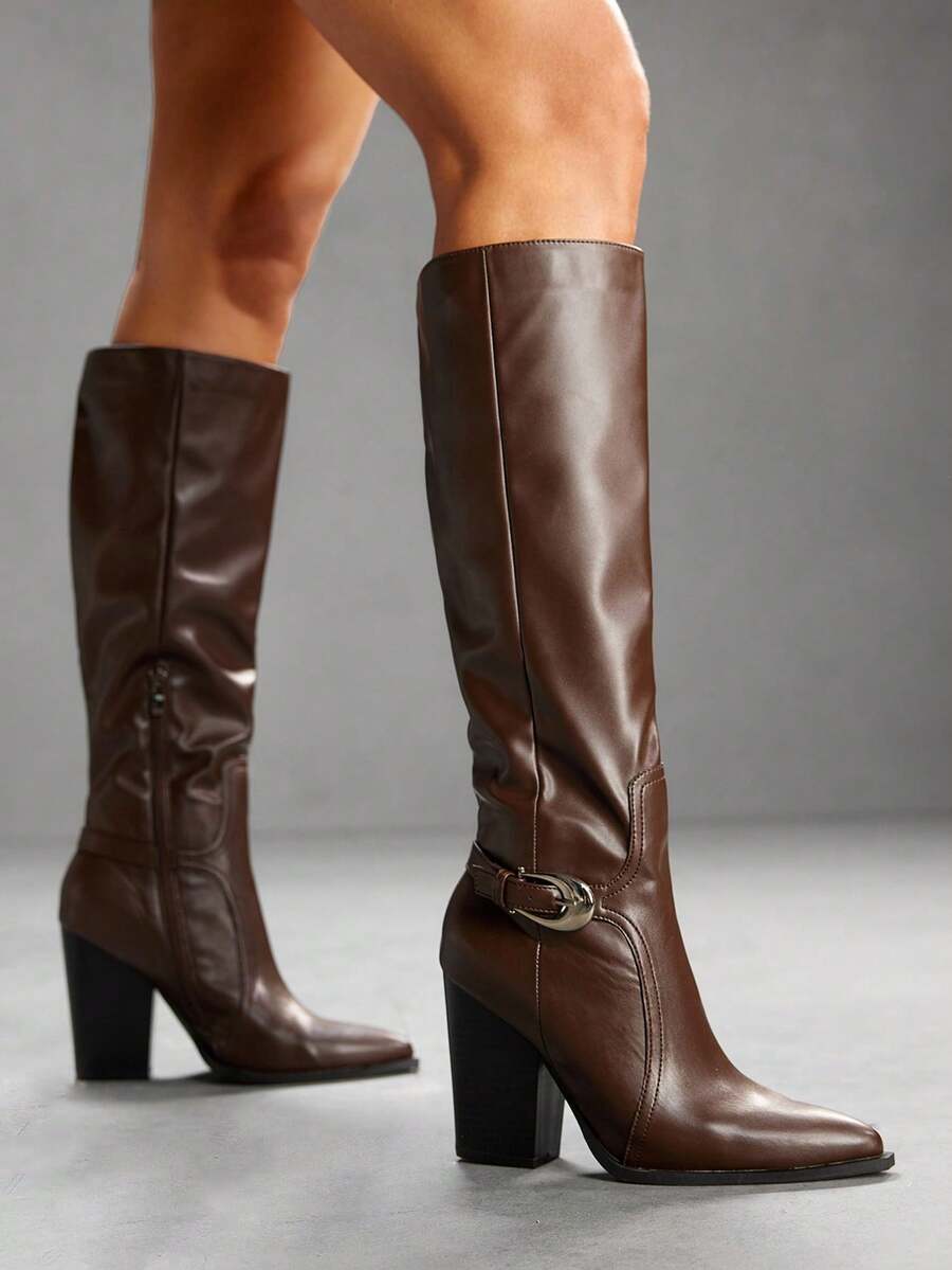 CUCCOO SZL Women's Fashion Autumn/Winter New Knee-High Boots, Chunky Heel, Retro Snake Texture, Pleated, Slim Fit, Equestrian Boots