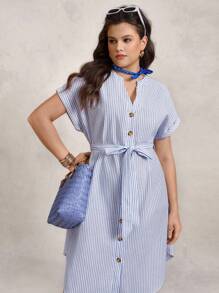 Zelara Vestido midi de rayas azules y blancas con lazo en la cintura para mujer de talla grande para el verano