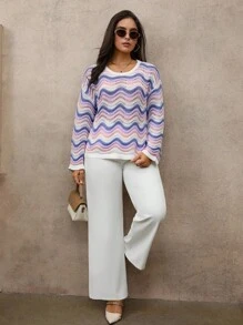 Juhart Plus Size Women Casual Wave Pattern Drop Shoulder Loose Hollow Out Knit Sweater, Autumn Knit Pullover Fall Winter - Purple - View 5