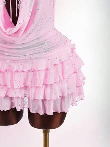 Amplova Sexy Plunging Neck Layered Women Mini Dress - Pink - View 7