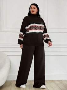 EURMUSE Women's Geometric Pattern High Neck Sweater 2pcs/Set - Brown - View 4