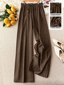 Linhara Plus Size Women Casual Solid Color Knotted Paperbag Waist Loose Wide-Leg Pants Fall Cloth For Women - Coffee Brown - View 1