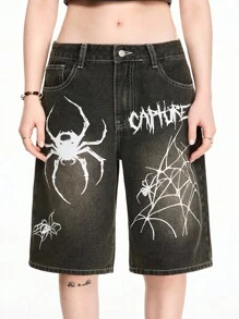 ROMWE Goth Plus Size Spider Print Denim Shorts For Summer - Black - View 2