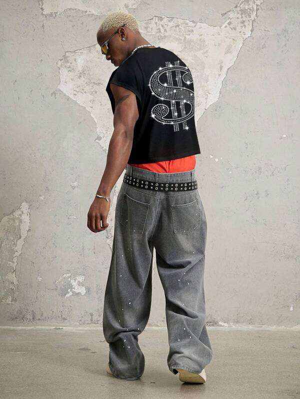 Manfinity ZONE917 Men's Street Style Oversized Cropped Sleeveless Tank Top With Rhinestone Money Print, Black