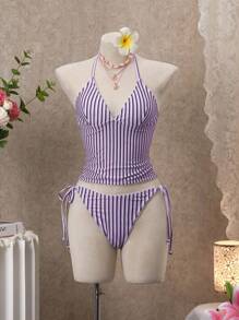 Bellisia Ensemble de bikini à carreaux cerise douce, style crop top