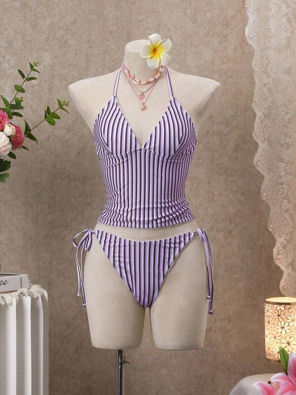 Bellisia Sweet Cherry Plaid Bikini Set, Crop Top Style