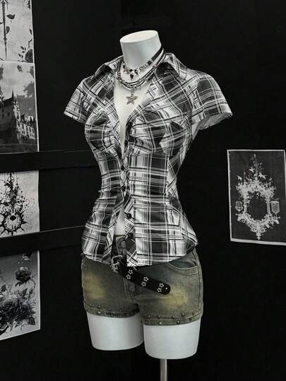 EgrlEra 女式夏季荷叶边单排扣格子拼布短袖衬衫