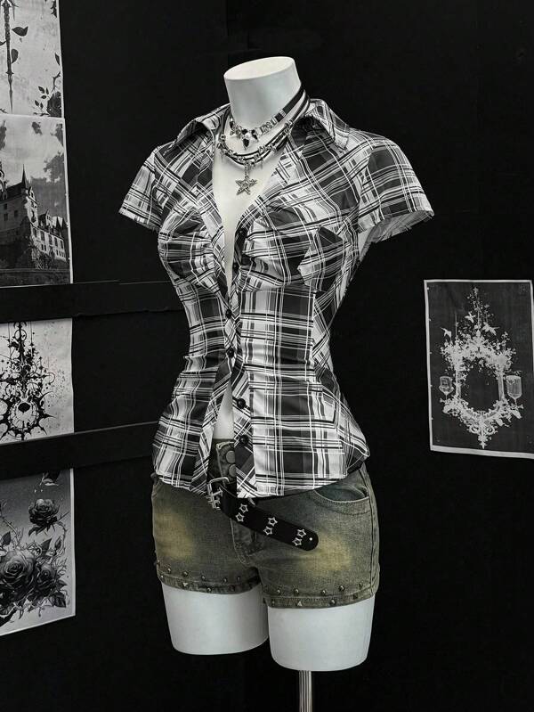 EgrlEra Women's Summer Ruffle Single-Breasted Plaid Patchwork Short Sleeve Shirt