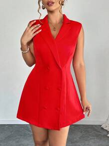 SHEIN PETITE 大码无袖纯色连衣裙，夏季时尚 - 紅色 - 查看 3