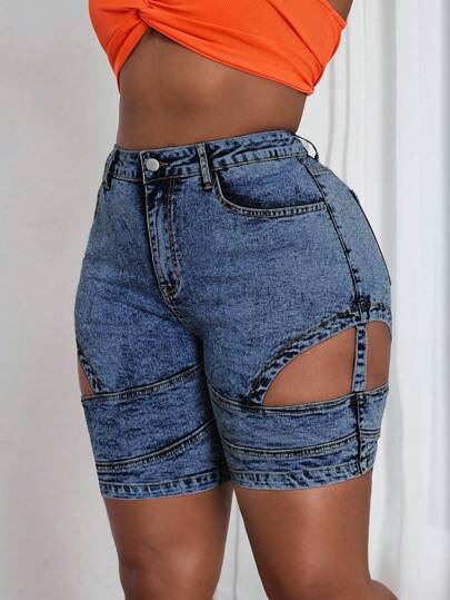 SHEIN SXY Plus Size Light Blue Sexy Elastic Tight Fitting Ripped Cowgirl Mini Shorts Cut Out Jean Shorts Jean Shorts Y2k