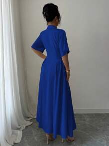 Elenzga Vestido amarillo con diseño de botones monocillo y corte evasé - azul real - Ver 2