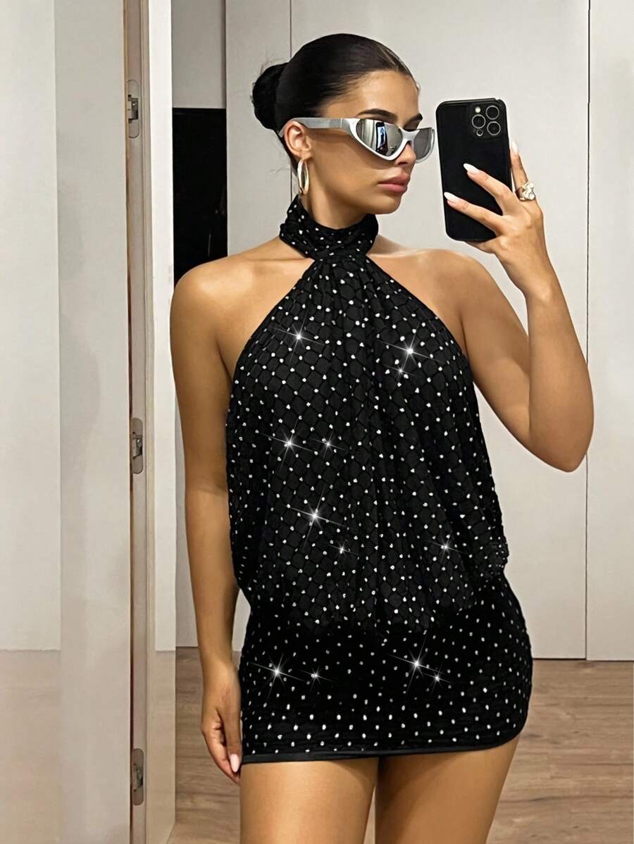 SHEIN ICON 女士返校派对复古露背吊带紧身连衣裙，性感 - 黑色 - 查看 1