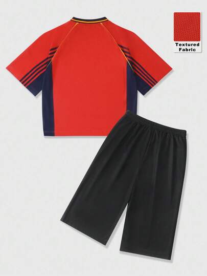 Prep Conjunto de camiseta de manga corta de raglán con eslogan casual y pantalones cortos para hombres, de verano