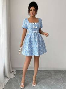 Rafferiza Váy trang trí nơ vải dệt hoa văn jacquard cổ vuông thanh lịch màu xanh lam cho nữ - Màu xanh lam - Xem 6