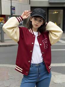Tween Girl's Collegiate Style Sports Letter Print Baseball Jacket, Back To School And Graduation Occasion Fall Winter - Burgundy - View 8