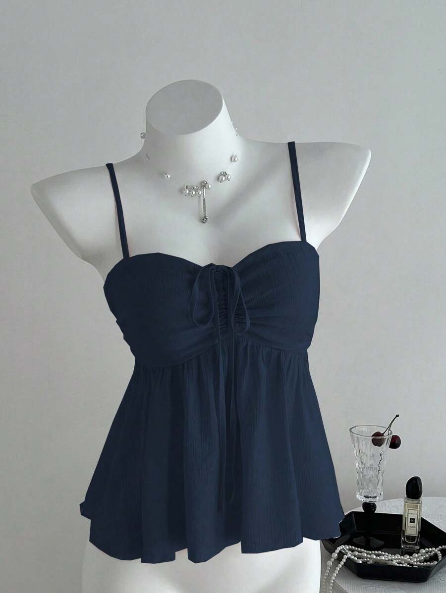 Sweetra 女士可爱纯色荷叶边吊带背心，夏季大学服装 - 藍色 - 查看 1