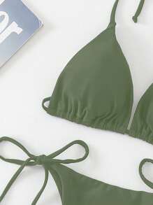 Swim SXY 纯色性感系带比基尼泳衣套装，女士夏季海滩度假装 - 軍綠色 - 查看 6