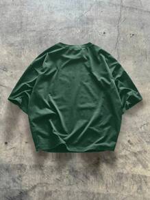 AXEPEAK 男士针织休闲宽松短袖拼布T恤，时尚日常，年轻风格 - 綠色 - 查看 2