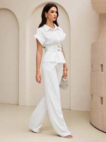 Mulvari Women's Casual Crinkle Batwing Sleeve Blouse With Dual Waist Belts For Commuting - White - View 4