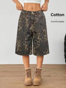 SHEIN EZwear Women's Leopard Print Woven Pocket Casual Versatile Fashion Shorts - Brown - View 5