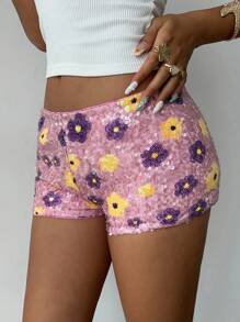 Aloruh Short femme sexy et mignon taille basse avec sequins, perles et broderie. Style Y2K, streetwear pour femme, idéal pour l'aéroport - Bleu ciel - Voir 7