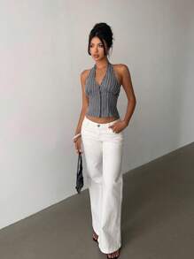 Aloruh Women's Cotton Striped Stand Collar Single-Breasted Vest Thin Suit Jacket In Fall/Winter