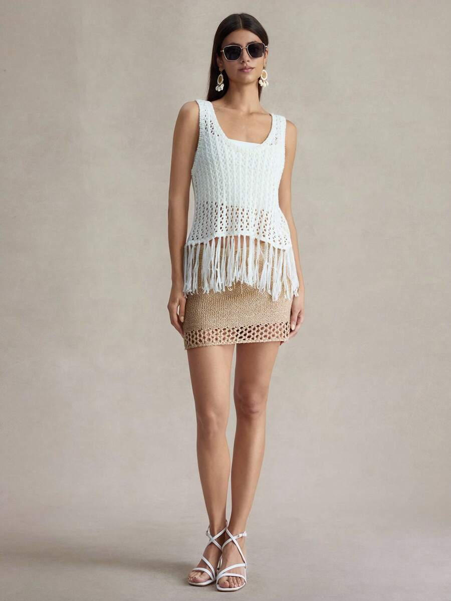 Briarwyn Women's Summer Vacation Solid Color Hollow-Out Knitted Bodycon Skirt,Fall,Back To School,Old Money Style,Teacher,Modest Kawaii Skirt