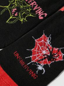 ROMWE Grunge Punk 2 Pairs Women Dark Red Spider Web & Spider Pattern Comfortable Short Socks, Style#1586325/411803, Halloween - Multicolor - View 3