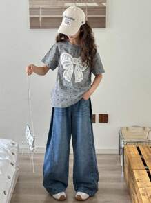 Tween Girls New Fashion Crescent Patchwork Cut-And-Sew Shadow Contrast Color Wide Leg Straight Jeans - Medium Wash - View 4