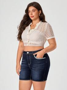 SHEIN ICON 大码女式刺绣牛仔时尚短裤，优雅 - 藍色 - 查看 5