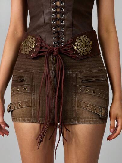 Hippie 1 pezzo Cintura da donna con accento floreale traforato decorata in finta pelliccia con nappine