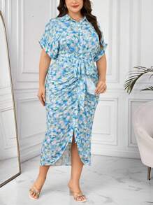 Modelyn Plus Size Women Summer Holiday Floral Printed Batwing Sleeve Belt Pleated Fitted Shirt Dress