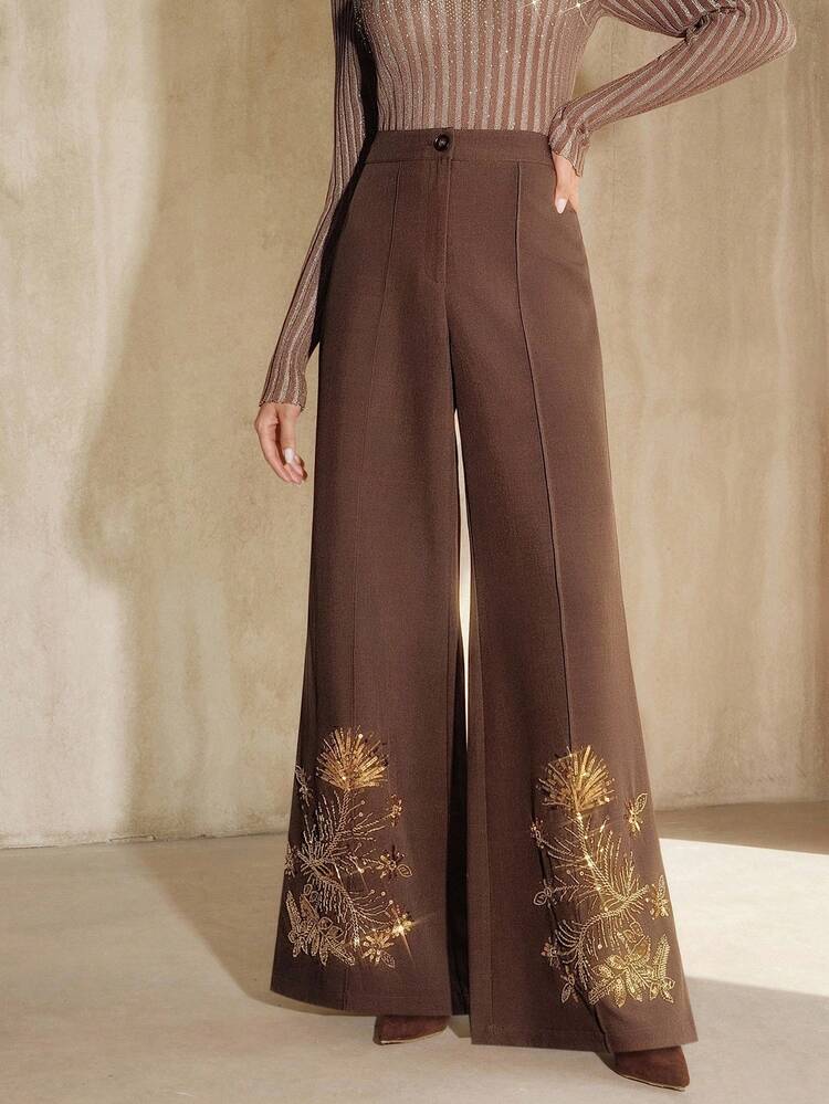 Elegant Women's Floral Sequin Wide Leg Loose Fit Pants