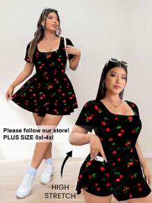 Solflare Plus Size Women's Basic Black Cherry Printed Crew Neck Short Sleeve A-Line Ruffle Hem High Stretchy Comfortable Fabric Solid Color Jumpsuit With Pockets, Suitable For School, Outdoor, Sports, Yoga, Gym, Casual, Daily Wear
