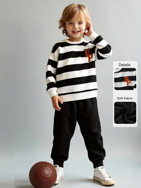 Playful Pals 2pcs/Set Young Boy Casual Striped Letter Embroidery Round Neck Sweatshirt And Pants Set, Suitable For Autumn/Winter Wear, Back To School, Outings, Daily Gatherings And Photo Taking