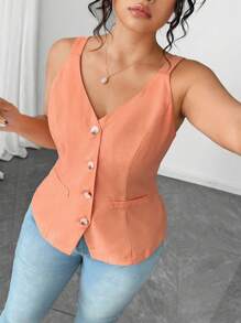 SHEIN PETITE 優雅時尚女款夏季細肩帶上衣，大尺碼無袖上衣，腮紅粉，夏季，休閒正式，收腰，通勤，春秋修身 - 橘色 - 查看 5