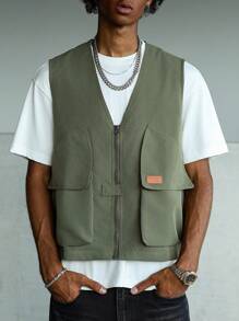 Manfinity Hypemode Chaleco casual de moda urbana para hombre con cremallera frontal y bolsillos con solapa, para verano